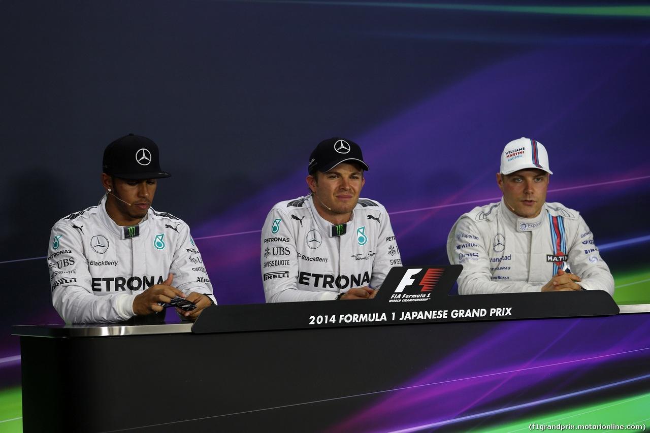 GP GIAPPONE, 04.10.2014 - Qualifiche, Conferenza Stampa, Lewis Hamilton (GBR) Mercedes AMG F1 W05, Nico Rosberg (GER) Mercedes AMG F1 W05 e Valtteri Bottas (FIN) Williams F1 Team FW36