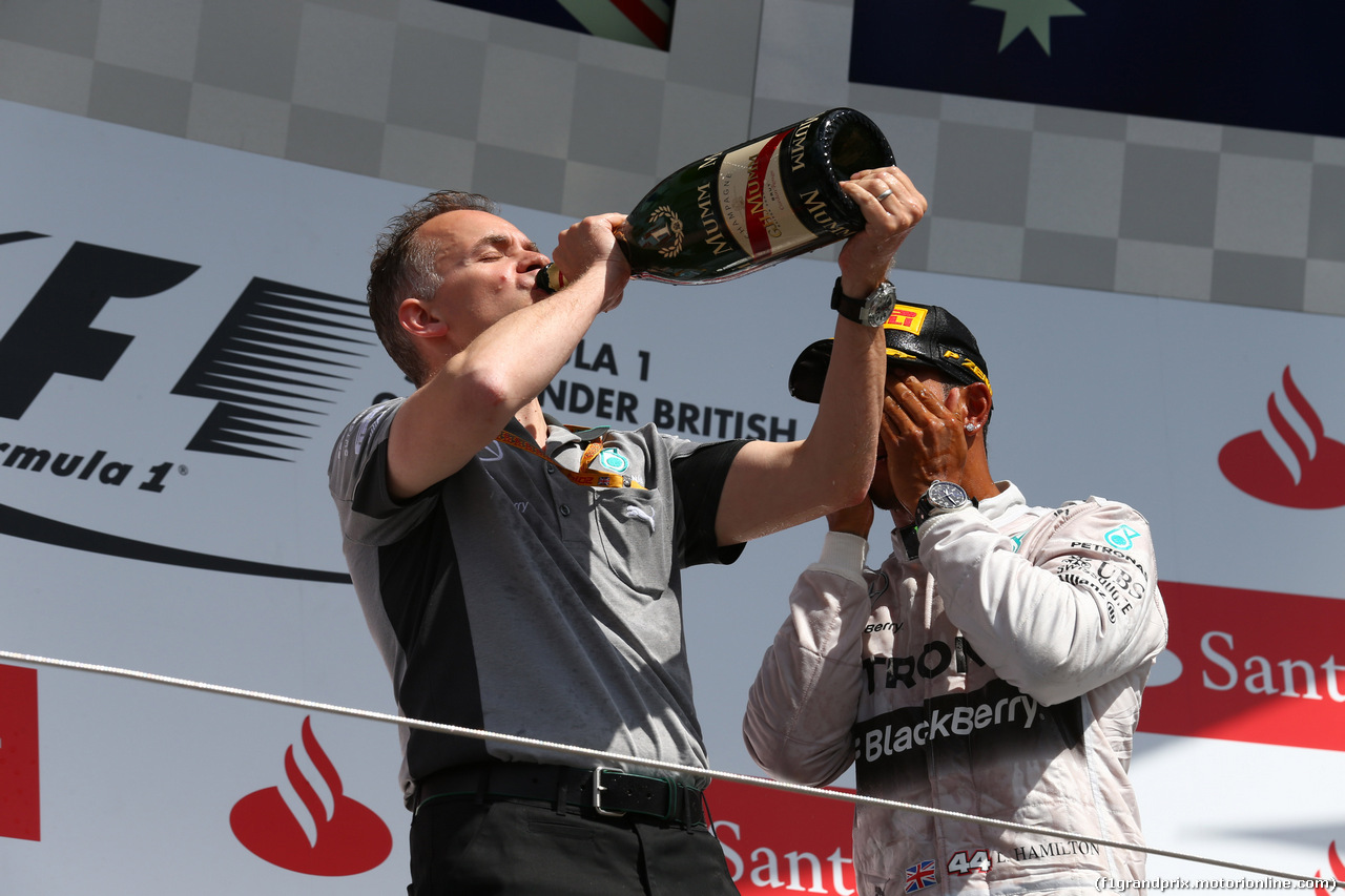 GP GRAN BRETAGNA, 06.07.2014 - Podium, Lewis Hamilton (GBR) Mercedes AMG F1 W05 (vincitore), Valtteri Bottas (FIN) Williams F1 Team FW36 (secondo) e Daniel Ricciardo (AUS) Infiniti Red Bull Racing RB10 (terzo)