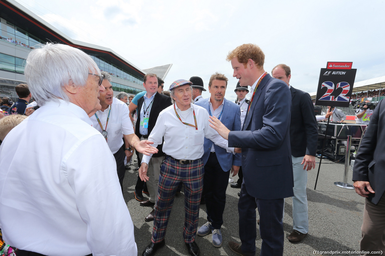 GP GRAN BRETAGNA, 06.07.2014 - Sir Jackie Stewart (GBR), Prince Henry of Wales e Bernie Ecclestone (GBR), President e CEO of Formula One Management