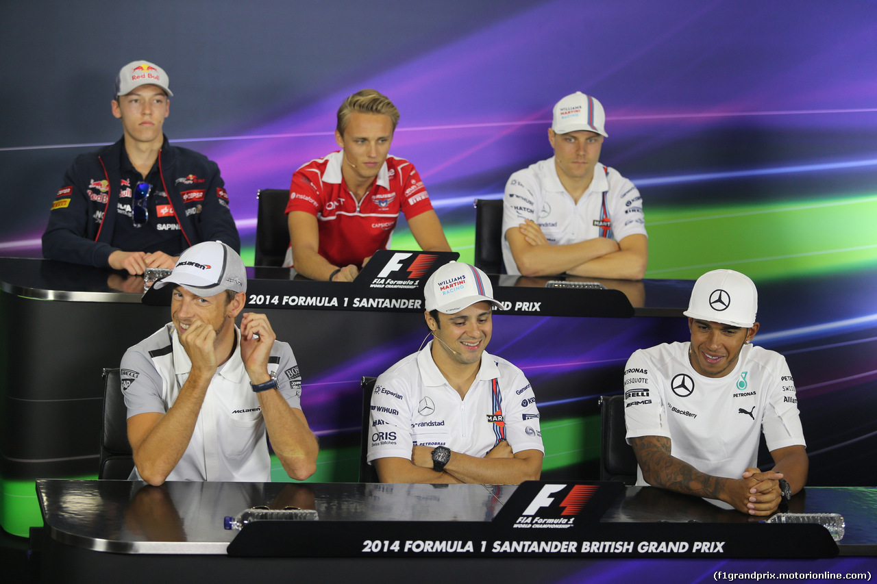 GP GRAN BRETAGNA, 03.07.2014- Giovedi' Press Conference, top to bottom Left to right Daniil Kvyat (RUS) Scuderia Toro Rosso STR9, Max Chilton (GBR), Marussia F1 Team MR03, Valtteri Bottas (FIN) Williams F1 Team FW36, Jenson Button (GBR) McLaren Mercedes MP4-29, Felipe Massa (BRA) Williams F1 Team FW36 e Lewis Hamilton (GBR) Mercedes AMG F1 W05