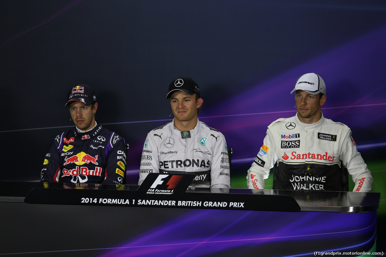 GP GRAN BRETAGNA, 04.07.2014 - Conferenza Stampa, Nico Rosberg (GER) Mercedes AMG F1 W05 (pole position), Sebastian Vettel (GER) Infiniti Red Bull Racing RB10 (secondo) e Jenson Button (GBR) McLaren Mercedes MP4-29 (terzo)