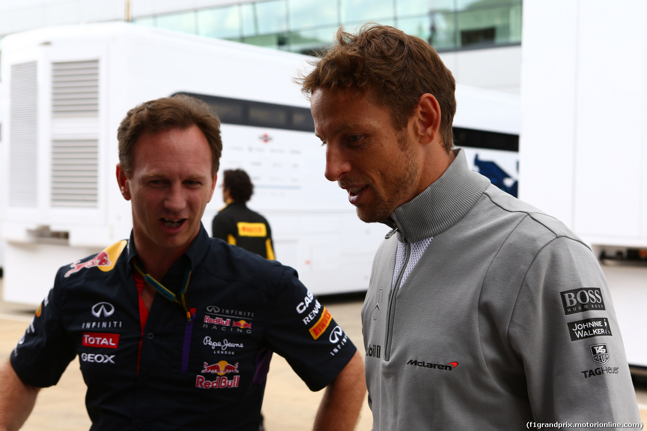 GP GRAN BRETAGNA, 04.07.2014 - Christian Horner (GBR), Red Bull Racing, Sporting Director e Jenson Button (GBR) McLaren Mercedes MP4-29