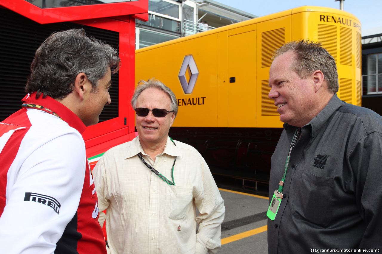 GP ITALIA, 07.09.2014- Marco Mattiacci (ITA) Team Principal, Ferrari, Joe Custer (USA) Stewart Haas Racing Vice President e Gene Haas (USA) Haas Automotion President.