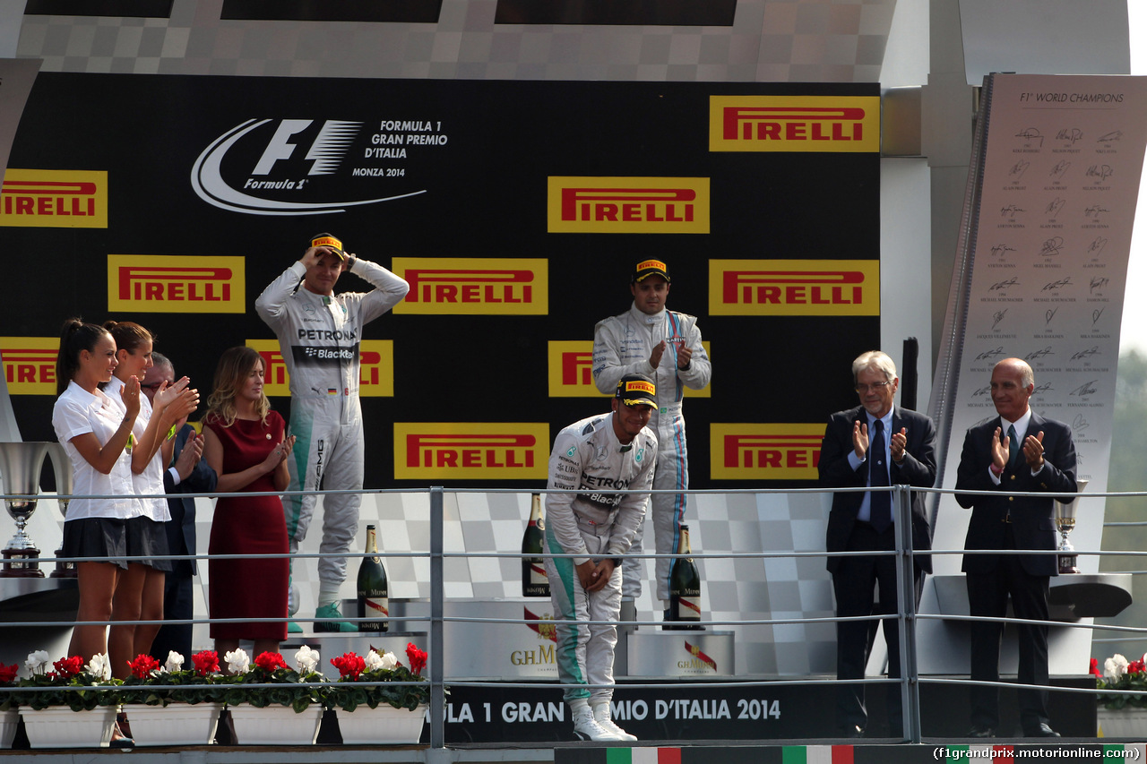 GP ITALIA, 07.09.2014 - Gara, 1st position Lewis Hamilton (GBR) Mercedes AMG F1 W05, secondo Nico Rosberg (GER) Mercedes AMG F1 W05 e terzo Felipe Massa (BRA) Williams F1 Team FW36
