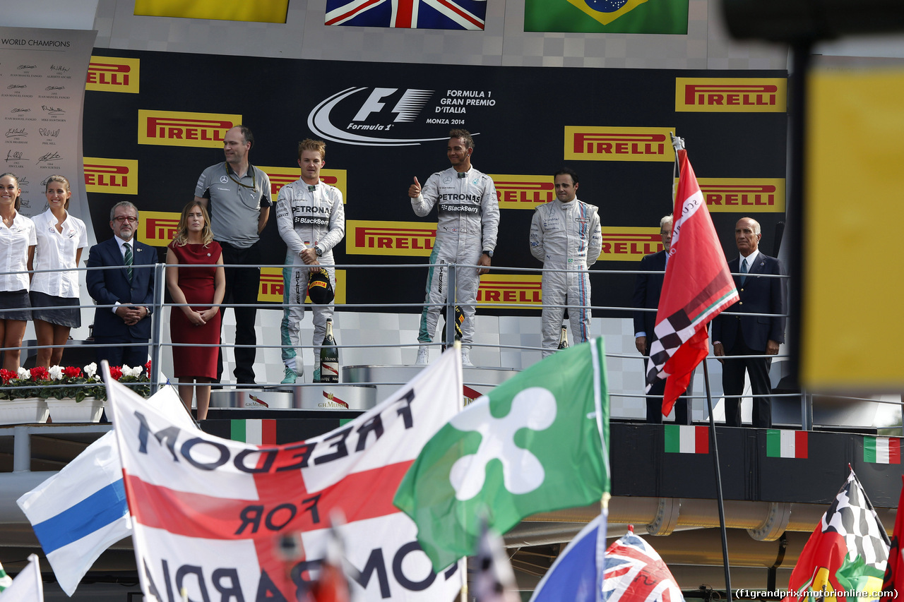 GP ITALIA, 07.09.2014 - Gara, 1st position Lewis Hamilton (GBR) Mercedes AMG F1 W05, secondo Nico Rosberg (GER) Mercedes AMG F1 W05 e terzo Felipe Massa (BRA) Williams F1 Team FW36