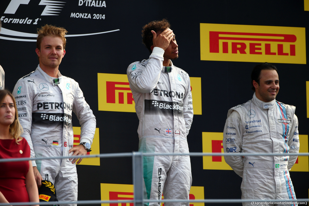 GP ITALIA, 07.09.2014 - Gara, secondo Nico Rosberg (GER) Mercedes AMG F1 W05, Lewis Hamilton (GBR) Mercedes AMG F1 W05 vincitore e terzo Felipe Massa (BRA) Williams F1 Team FW36
