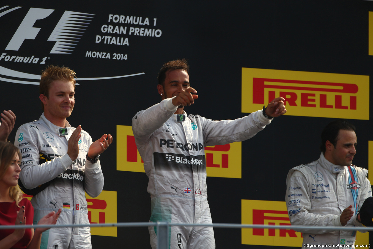 GP ITALIA, 07.09.2014 - Gara, 1st position Lewis Hamilton (GBR) Mercedes AMG F1 W05, secondo  Nico Rosberg (GER) Mercedes AMG F1 W05 e terzo Felipe Massa (BRA) Williams F1 Team FW36
