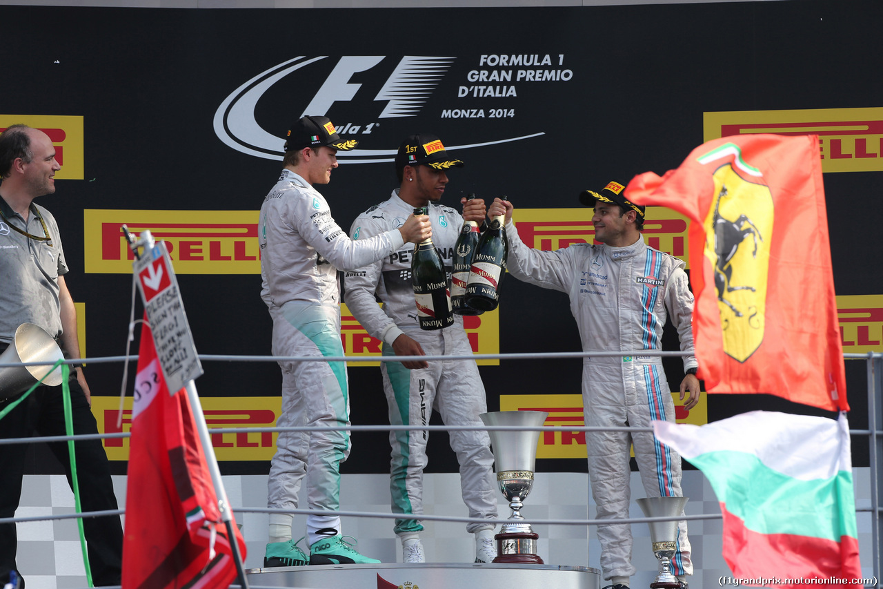 GP ITALIA, 07.09.2014 - Gara, 1st position Lewis Hamilton (GBR) Mercedes AMG F1 W05, secondo Nico Rosberg (GER) Mercedes AMG F1 W05 e terzo Felipe Massa (BRA) Williams F1 Team FW36