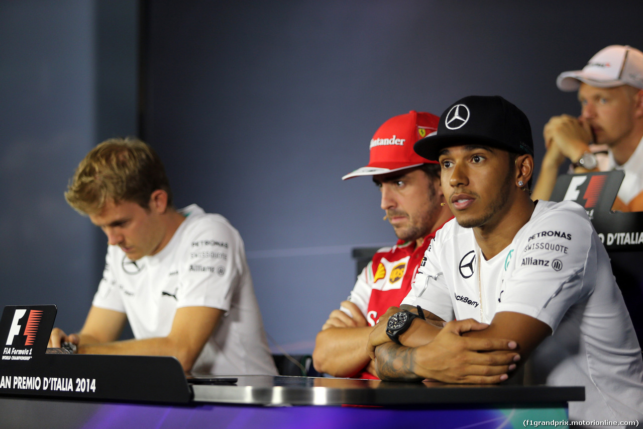 GP ITALIA, 04.09.2014- Conferenza Stampa, Nico Rosberg (GER) Mercedes AMG F1 W05, Fernando Alonso (ESP) Ferrari F14-T e Lewis Hamilton (GBR) Mercedes AMG F1 W05