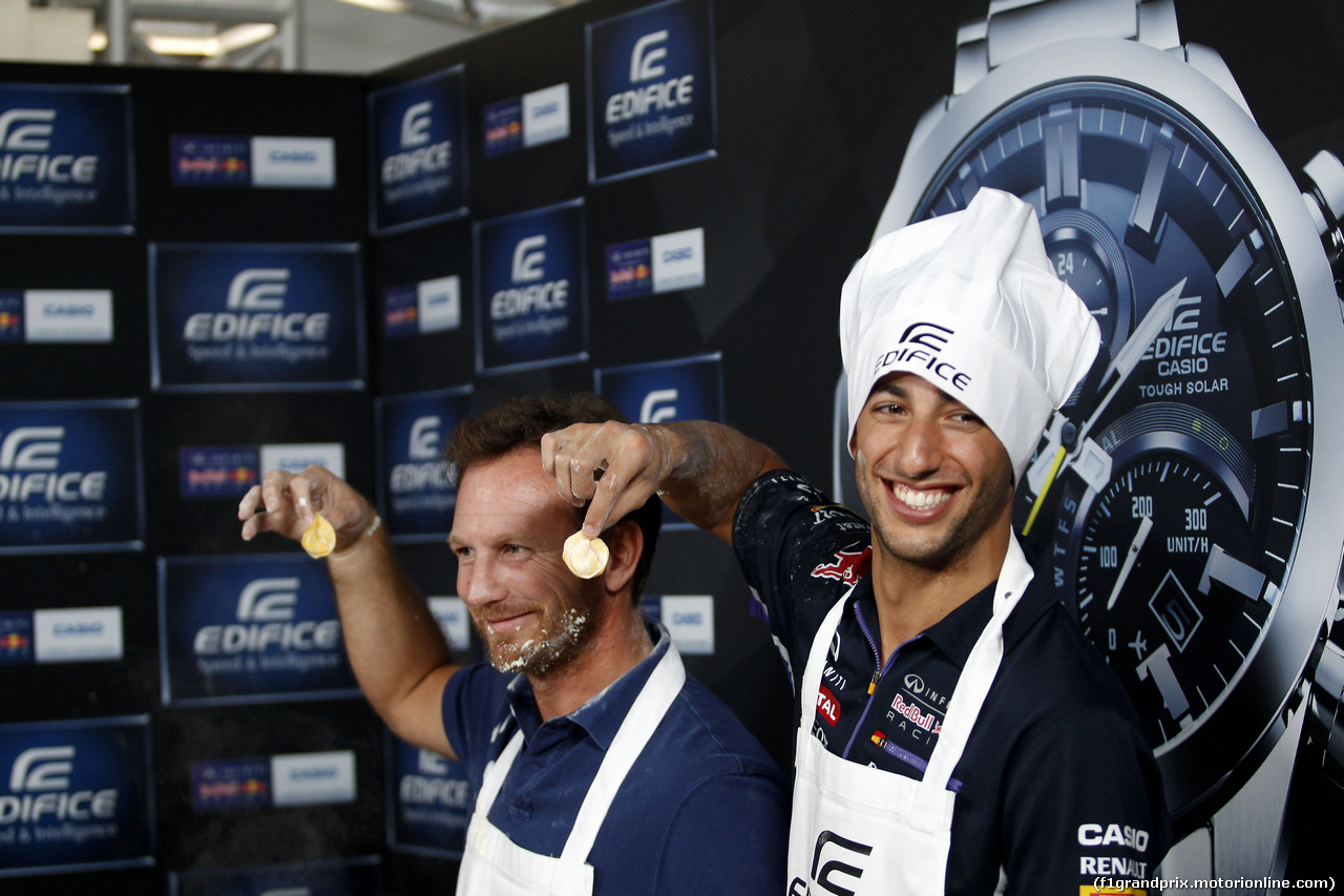 GP ITALIA, Casio Edifice Launch at RedBull Engery Station, Daniel Ricciardo (AUS) Red Bull Racing e Christian Horner (GBR) Red Bull Racing Team Principal.
04.09.2014.