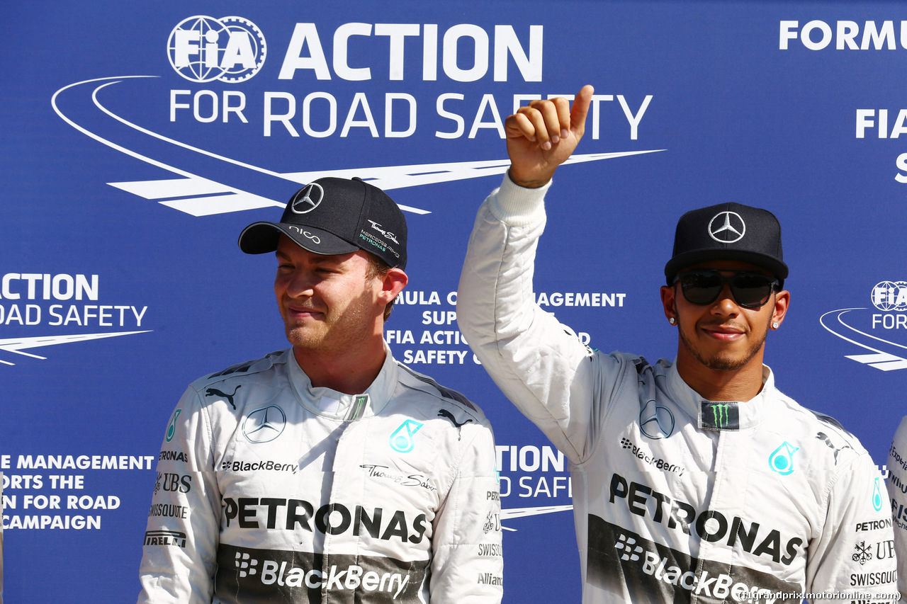 GP ITALIA, 06.09.2014 - Qualifiche, Nico Rosberg (GER) Mercedes AMG F1 W05 e Lewis Hamilton (GBR) Mercedes AMG F1 W05 pole position