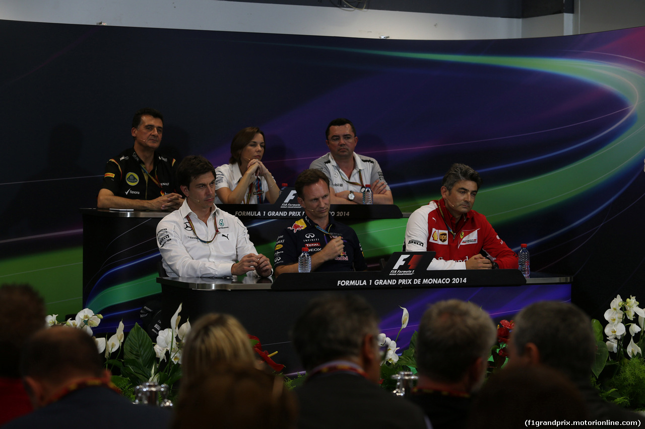 GP MONACO, 22.05.2014- Prove Libere 2, Conferenza Stampa, (L-R) Federico Gastaldi (ARG) Lotus F1 Team Deputy Team Principal, Claire Williams (GBR) Williams Deputy Team Principal, Eric Boullier (FRA) McLaren Racing Director, Toto Wolff (GER) Mercedes AMG F1 Shareholder e Executive Director, Christian Horner (GBR), Red Bull Racing, Sporting Director e Marco Mattiacci (ITA) Team Principal, Ferrari