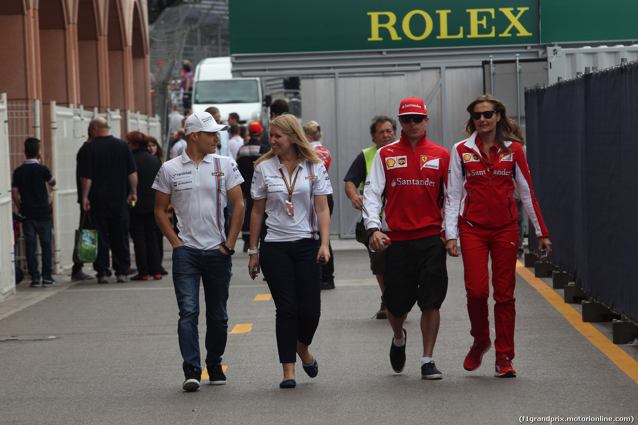 GP MONACO, 21.05.2014- Valtteri Bottas (FIN) Williams F1 Team, Sophie Eden, Williams Press Office, Kimi Raikkonen (FIN) Ferrari F14-T e Stefania Boccoli (ITA), Ferrari Press Office