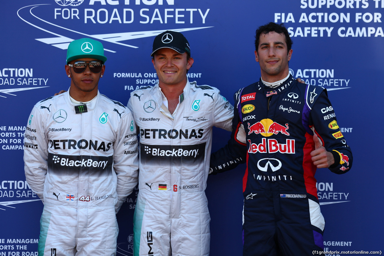 GP MONACO, 24.05.2014- Qualifiche, (L-R) secondo Lewis Hamilton (GBR) Mercedes AMG F1 W05, Nico Rosberg (GER) Mercedes AMG F1 W05 pole position e terzo Daniel Ricciardo (AUS) Red Bull Racing RB10