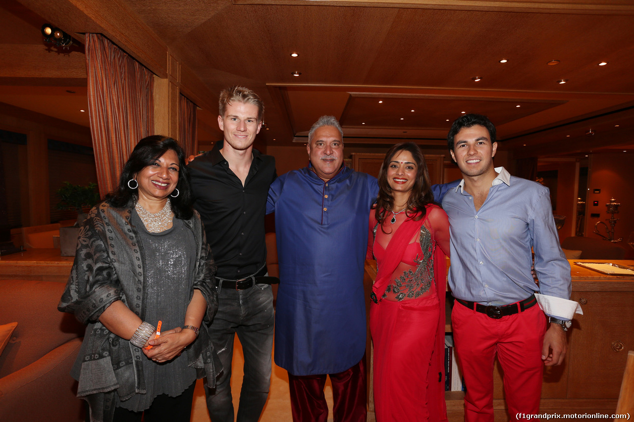 GP MONACO, 22.05.2014- (L to R): Nico Hulkenberg (GER) Sahara Force India F1 with Dr. Vijay Mallya (IND) Sahara Force India F1 Team Owner e Sergio Perez (MEX) Sahara Force India F1 at the Signature Monaco Party on the Indian Empress Boat.