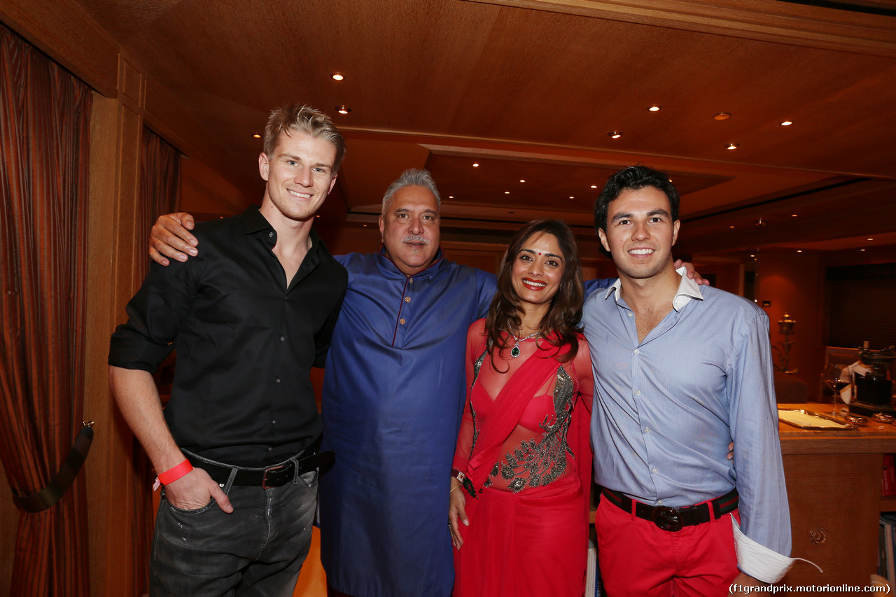 GP MONACO, 22.05.2014- (L to R): Nico Hulkenberg (GER) Sahara Force India F1 with Dr. Vijay Mallya (IND) Sahara Force India F1 Team Owner e Sergio Perez (MEX) Sahara Force India F1 at the Signature Monaco Party on the Indian Empress Boat.
