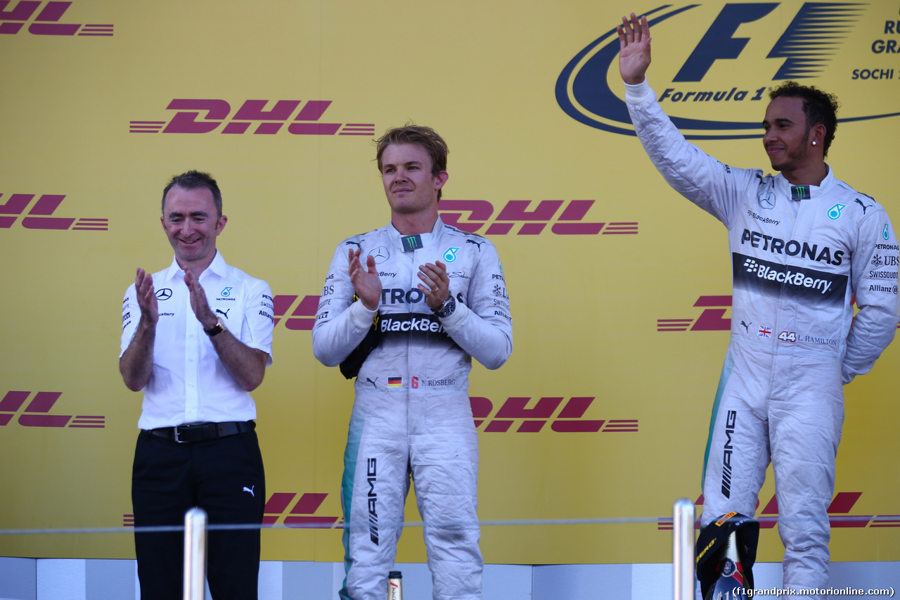 GP RUSSIA, 12.10.2014- Podium, winner Lewis Hamilton (GBR) Mercedes AMG F1 W05, 2nd Nico Rosberg (GER) Mercedes AMG F1 W05,6 with Paddy Lowe (GBR) Mercedes AMG F1 Executive Director