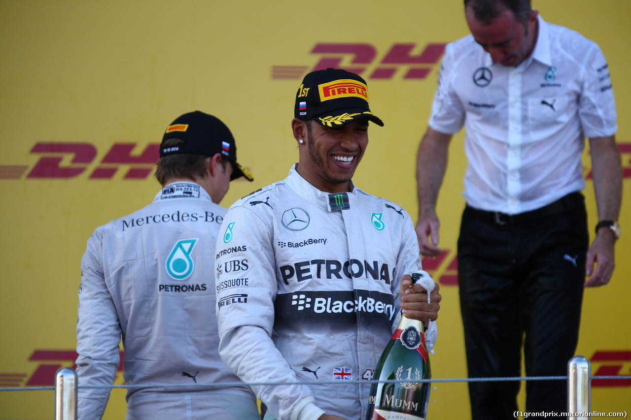 GP RUSSIA, 12.10.2014- Podium, winner Lewis Hamilton (GBR) Mercedes AMG F1 W05, 2nd Nico Rosberg (GER) Mercedes AMG F1 W05, 3rd Valtteri Bottas (FIN) Williams F1 Team FW36