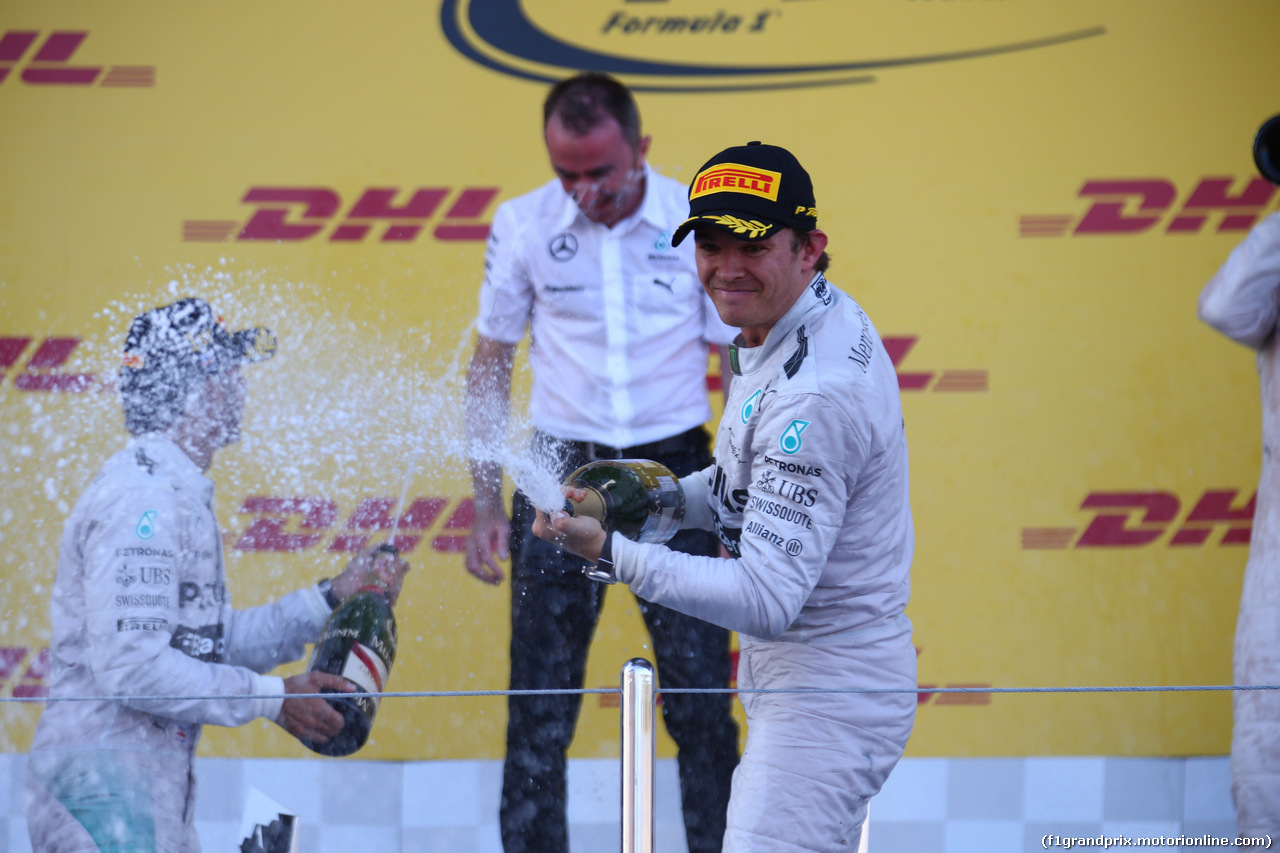 GP RUSSIA, 12.10.2014- Podium, winner Lewis Hamilton (GBR) Mercedes AMG F1 W05, 2nd Nico Rosberg (GER) Mercedes AMG F1 W05, 3rd Valtteri Bottas (FIN) Williams F1 Team FW36 with Paddy Lowe (GBR) Mercedes AMG F1 Executive Director,