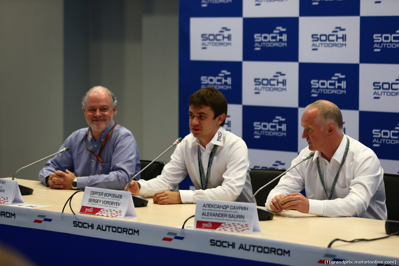 GP RUSSIA, 09.10.2014- Sochi GP presenation Press Conference, (L to R): Richard Cregan (IRE) Russian Grand Prix Consulatant; Sergey Vorobyev (RUS) Deputy General Director, OJSC Centre Omega (Sochi Circuit) e Russian GP Promoter; e Alexander Saurin (RUS) Vice Govenor of Krasnodar Regional Administration