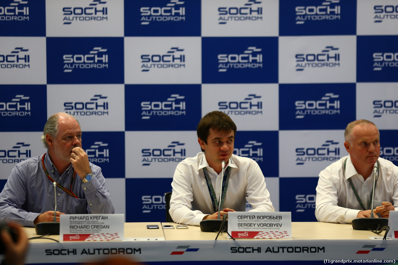 GP RUSSIA, 09.10.2014- Sochi GP presenation Press Conference, (L to R): Richard Cregan (IRE) Russian Grand Prix Consulatant; Sergey Vorobyev (RUS) Deputy General Director, OJSC Centre Omega (Sochi Circuit) e Russian GP Promoter; e Alexander Saurin (RUS) Vice Govenor of Krasnodar Regional Administration