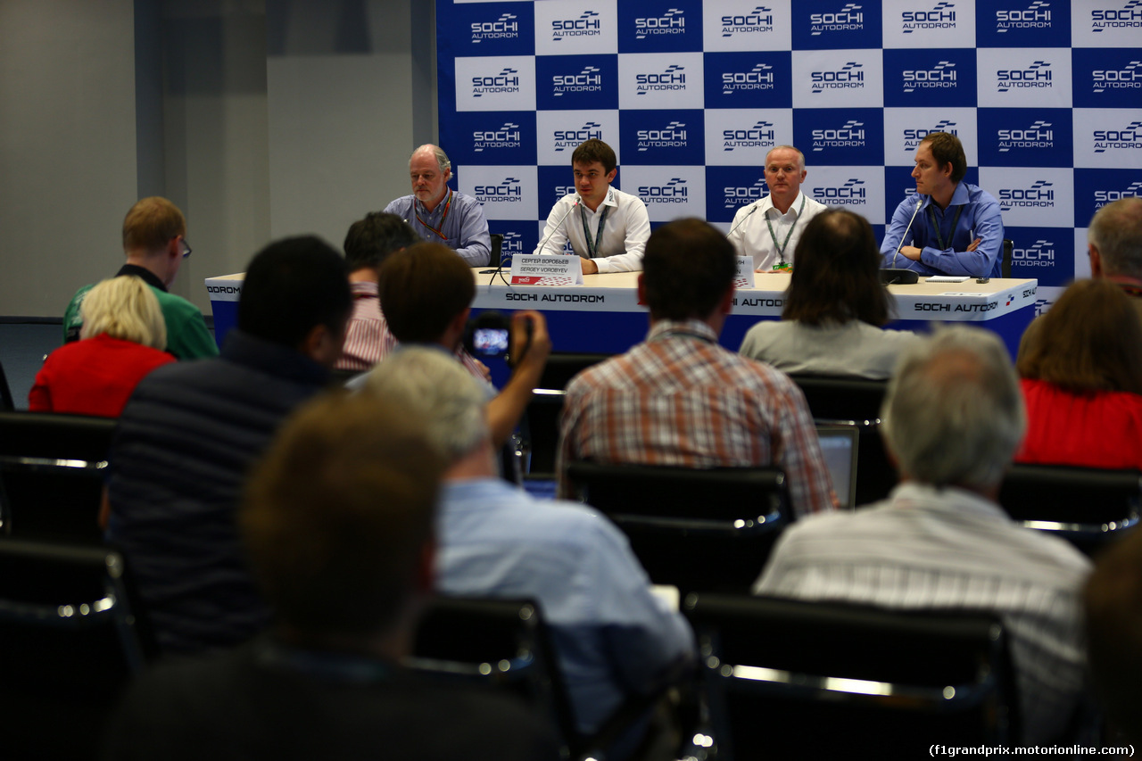 GP RUSSIA, 09.10.2014- Sochi GP presenation Press Conference, (L to R): Richard Cregan (IRE) Russian Grand Prix Consulatant; Sergey Vorobyev (RUS) Deputy General Director, OJSC Centre Omega (Sochi Circuit) e Russian GP Promoter; e Alexander Saurin (RUS) Vice Govenor of Krasnodar Regional Administration