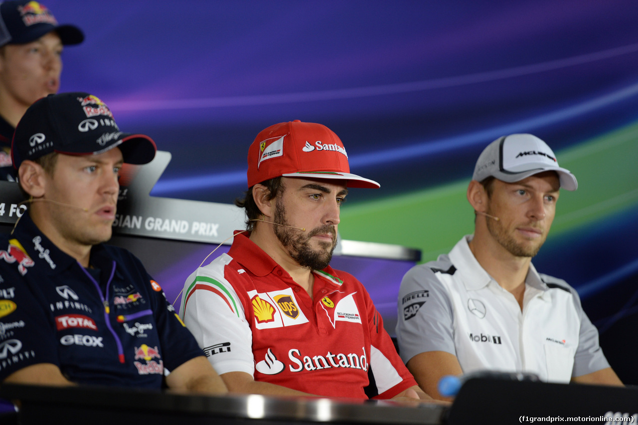 GP RUSSIA, 09.10.2014- Giovedi'  Press Conference, Sebastian Vettel (GER) Infiniti Red Bull Racing RB10, Fernando Alonso (ESP) Ferrari F14T e Jenson Button (GBR) McLaren Mercedes MP4-29