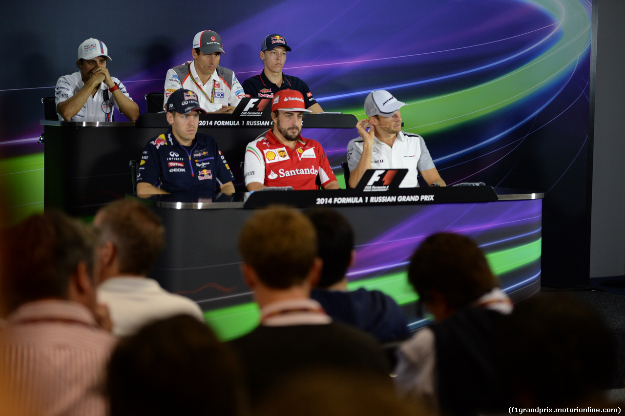 GP RUSSIA, 09.10.2014- Giovedi'  Press Conference, upper row L to R Felipe Massa (BRA) Williams F1 Team FW36, Adrian Sutil (GER), Sauber C33 , Daniil Kvyat (RUS) Scuderia Toro Rosso STR9. Bottom row L to R Sebastian Vettel (GER) Infiniti Red Bull Racing RB10, Fernando Alonso (ESP) Ferrari F14T e Jenson Button (GBR) McLaren Mercedes MP4-29