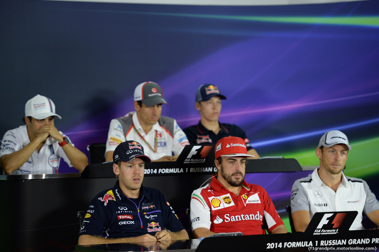 GP RUSSIA, 09.10.2014- Giovedi'  Press Conference, upper row L to R Felipe Massa (BRA) Williams F1 Team FW36, Adrian Sutil (GER), Sauber C33 , Daniil Kvyat (RUS) Scuderia Toro Rosso STR9. Bottom row L to R Sebastian Vettel (GER) Infiniti Red Bull Racing RB10, Fernando Alonso (ESP) Ferrari F14T e Jenson Button (GBR) McLaren Mercedes MP4-29