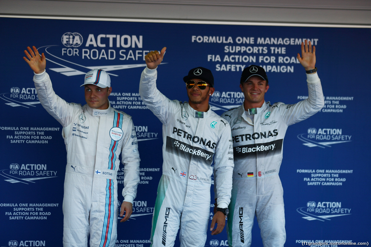 GP RUSSIA, 11.10.2014- Qualifiche, Festeggiamenti: pole position Lewis Hamilton (GBR) Mercedes AMG F1 W05, 2nd Nico Rosberg (GER) Mercedes AMG F1 W05, 3rd Valtteri Bottas (FIN) Williams F1 Team FW36