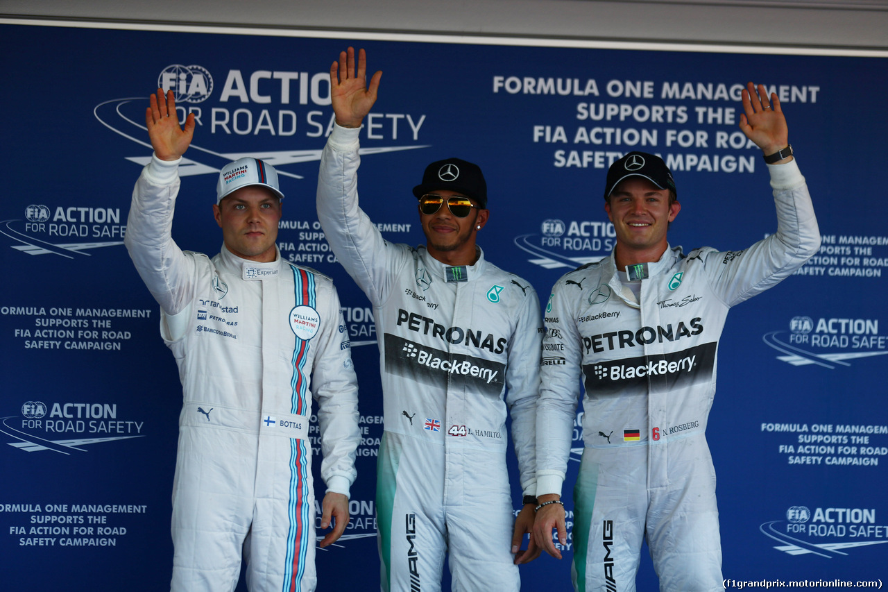 GP RUSSIA, 11.10.2014- Qualifiche, Festeggiamenti: pole position Lewis Hamilton (GBR) Mercedes AMG F1 W05, 2nd Nico Rosberg (GER) Mercedes AMG F1 W05, 3rd Valtteri Bottas (FIN) Williams F1 Team FW36