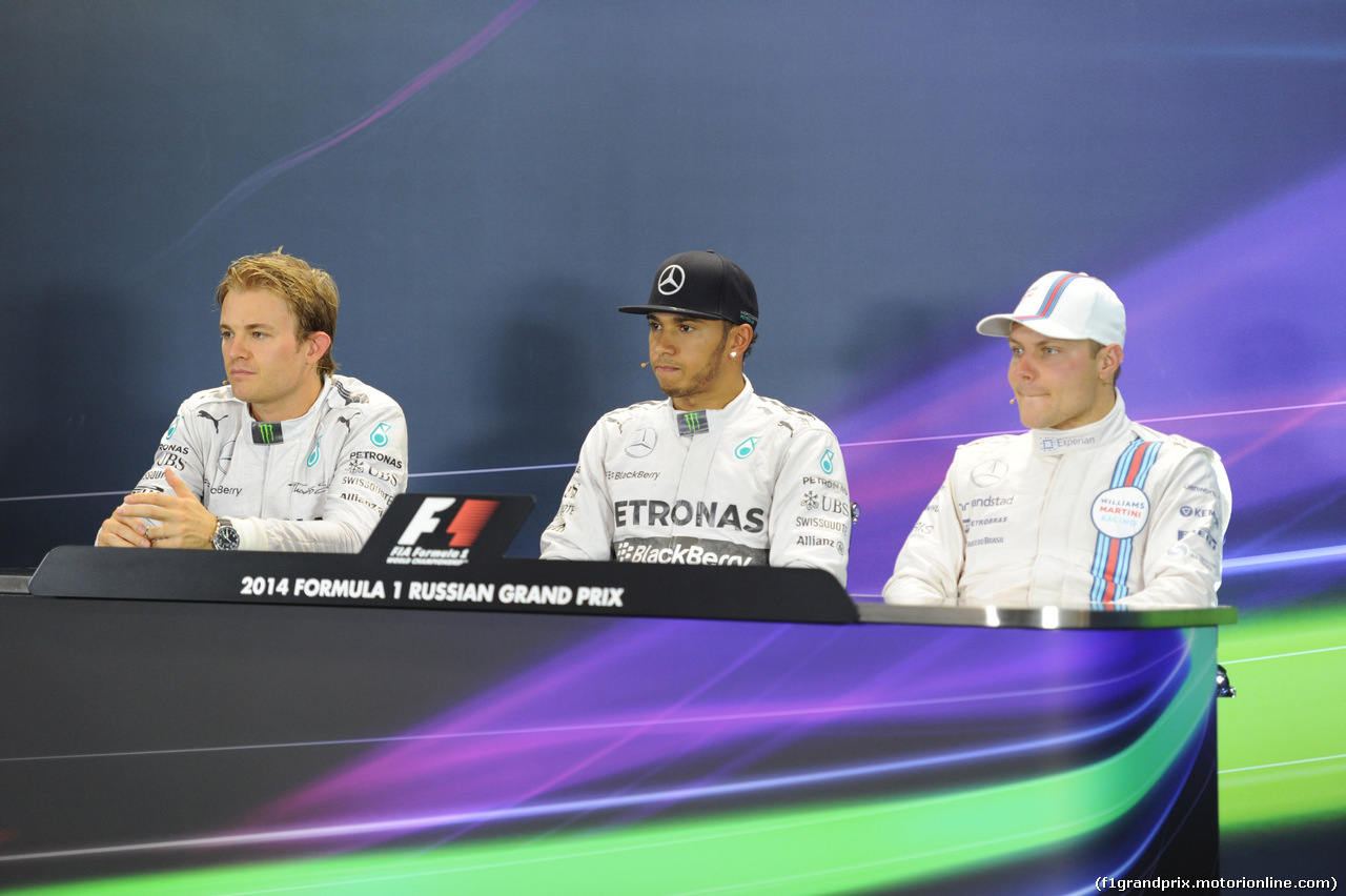 GP RUSSIA, 11.10.2014- After Qualifiche, Press Conference, pole position Lewis Hamilton (GBR) Mercedes AMG F1 W05, 2nd Nico Rosberg (GER) Mercedes AMG F1 W05, 3rd Valtteri Bottas (FIN) Williams F1 Team FW36