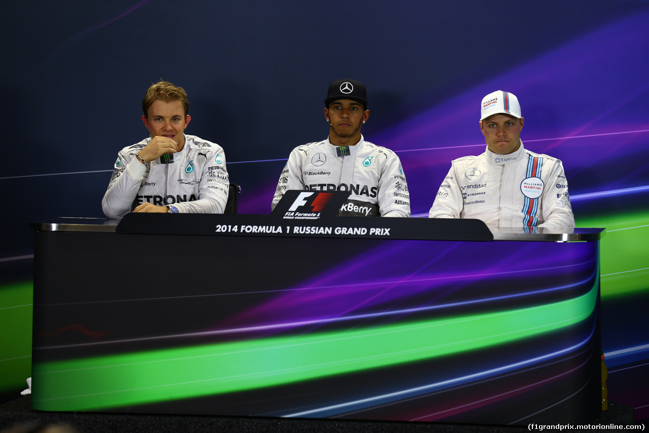GP RUSSIA, 11.10.2014- After Qualifiche, Press Conference, pole position Lewis Hamilton (GBR) Mercedes AMG F1 W05, 2nd Nico Rosberg (GER) Mercedes AMG F1 W05, 3rd Valtteri Bottas (FIN) Williams F1 Team FW36