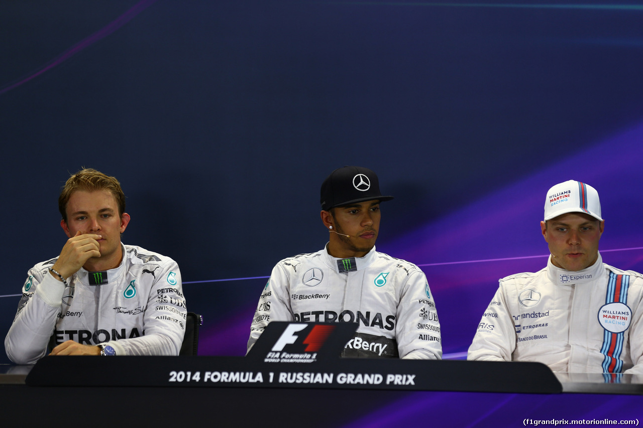 GP RUSSIA, 11.10.2014- After Qualifiche, Press Conference, pole position Lewis Hamilton (GBR) Mercedes AMG F1 W05, 2nd Nico Rosberg (GER) Mercedes AMG F1 W05, 3rd Valtteri Bottas (FIN) Williams F1 Team FW36