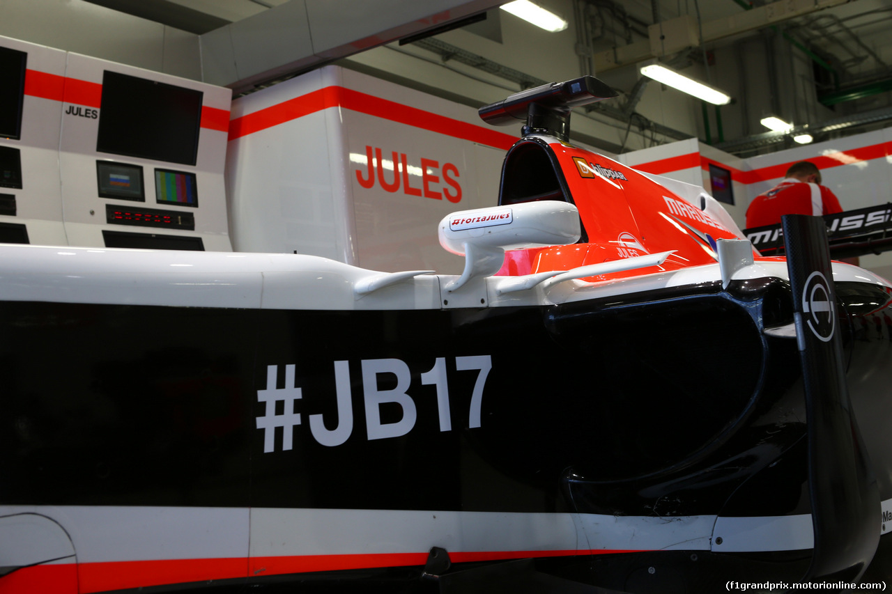 GP RUSSIA, 10.10.2015- Prove Libere 1, Jules Bianchi (FRA) Marussia F1 Team MR03 car in the empy Marussia garage