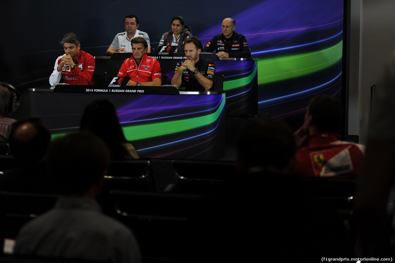 GP RUSSIA, 10.10.2015- Prove Libere 2, Venerdi' Press Conference: top L to R Eric Boullier (FRA) McLaren Racing Director, Monisha Kaltenborn (AUT) Sauber Team Principal,  Franz Tost, Scuderia Toro Rosso, Team Principal, bottom L to R Marco Mattiacci (ITA) Team Principal, Ferrari,  Graeme Lowdon (GBR) Marussia F1 Team Chief Executive Officer , Christian Horner (GBR), Red Bull Racing, Sporting Director