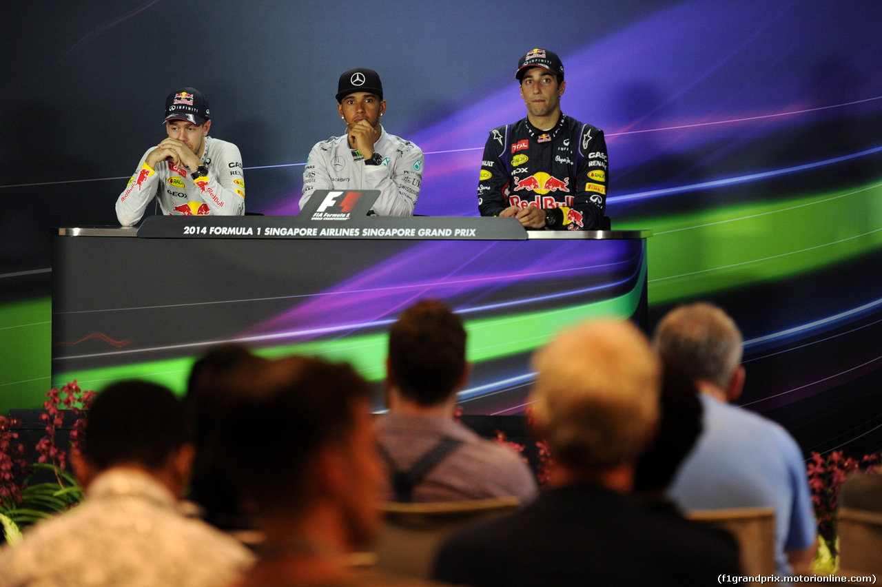 GP SINGAPORE, 21.09.2014 - Gara, Conferenza Stampa, Sebastian Vettel (GER) Red Bull Racing RB10, Lewis Hamilton (GBR) Mercedes AMG F1 W05 e Daniel Ricciardo (AUS) Red Bull Racing RB10