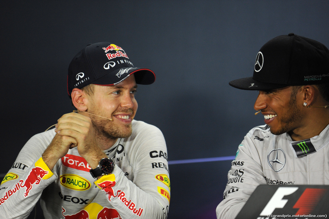 GP SINGAPORE, 21.09.2014 - Gara, Conferenza Stampa, Sebastian Vettel (GER) Red Bull Racing RB10 e Lewis Hamilton (GBR) Mercedes AMG F1 W05