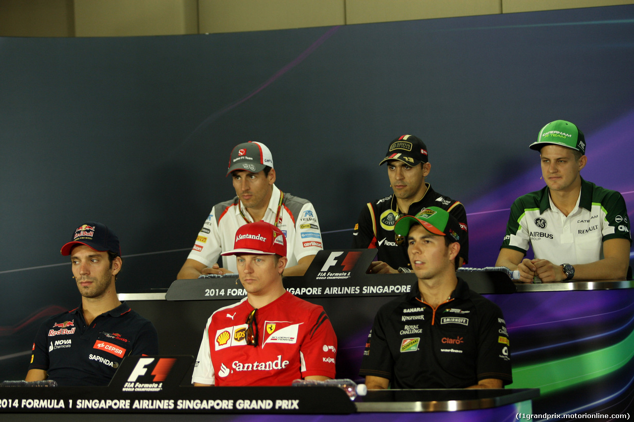 GP SINGAPORE, 18.09.2014 - Conferenza Stampa, Adrian Sutil (GER) Sauber F1 Team C33, Pastor Maldonado (VEN) Lotus F1 Team E22, Jean-Eric Vergne (FRA) Scuderia Toro Rosso STR9, Kimi Raikkonen (FIN) Ferrari F14-T e Sergio Perez (MEX) Sahara Force India F1 VJM07