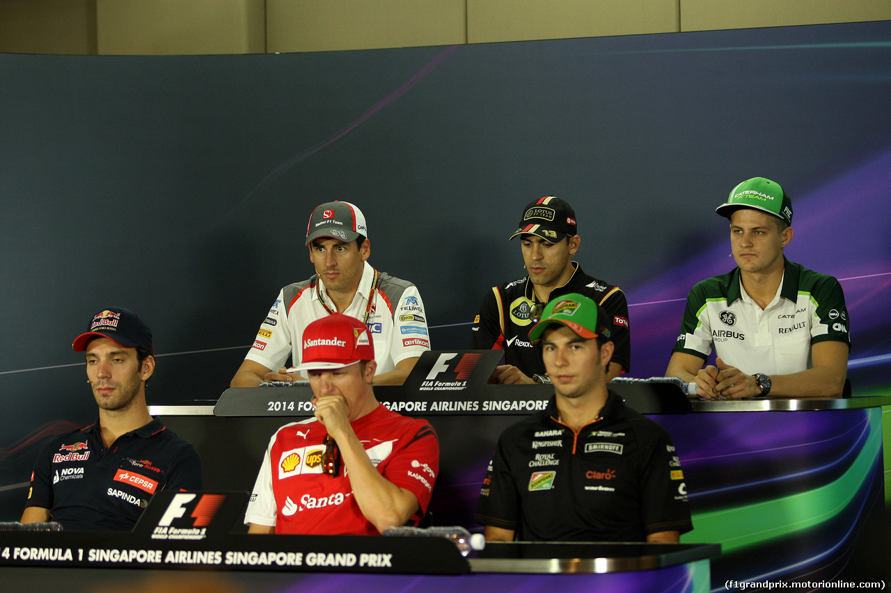 GP SINGAPORE, 18.09.2014 - Conferenza Stampa, Adrian Sutil (GER) Sauber F1 Team C33, Pastor Maldonado (VEN) Lotus F1 Team E22, Jean-Eric Vergne (FRA) Scuderia Toro Rosso STR9, Kimi Raikkonen (FIN) Ferrari F14-T e Sergio Perez (MEX) Sahara Force India F1 VJM07