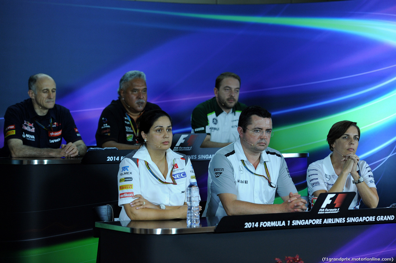 GP SINGAPORE, 19.09.2014- Conferenza Stampa, Monisha Kaltenborn (AUT), CEO e Team Principal, Sauber F1 Team, Eric Boullier (FRA) McLaren Racing Director e Claire Williams (GBR) Williams Deputy Team Principal.