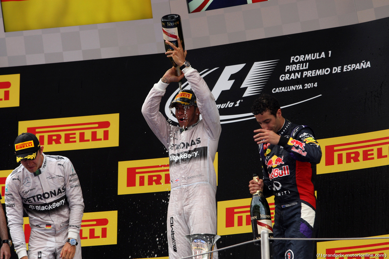 GP SPAGNA, 11.05.2014-  Gara, 1st position Lewis Hamilton (GBR) Mercedes AMG F1 W05, secondo Nico Rosberg (GER) Mercedes AMG F1 W05 e terzo Daniel Ricciardo (AUS) Red Bull Racing RB10