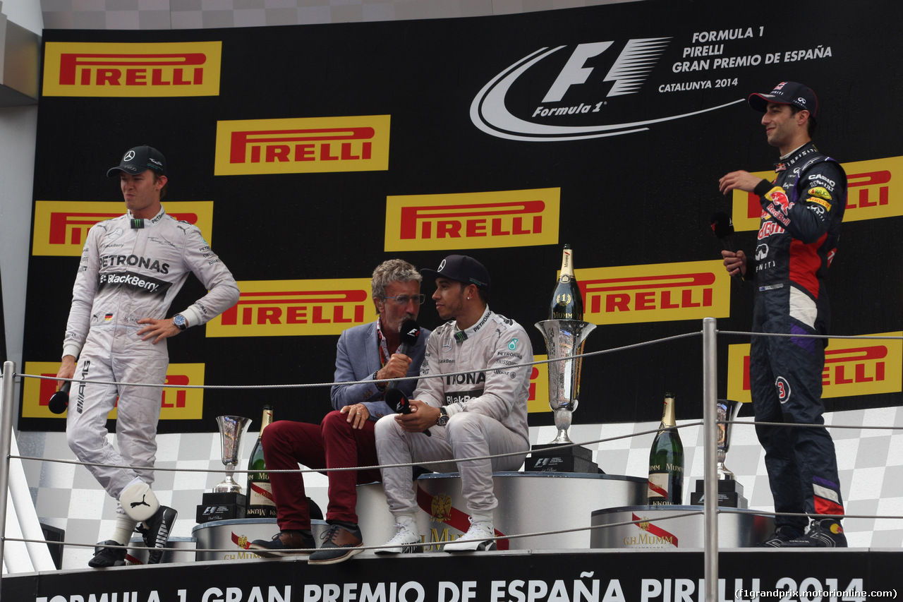 GP SPAGNA, 11.05.2014-  Gara, secondo Nico Rosberg (GER) Mercedes AMG F1 W05, Eddie Jordi, Lewis Hamilton (GBR) Mercedes AMG F1 W05 vincitore e terzo  Daniel Ricciardo (AUS) Red Bull Racing RB10