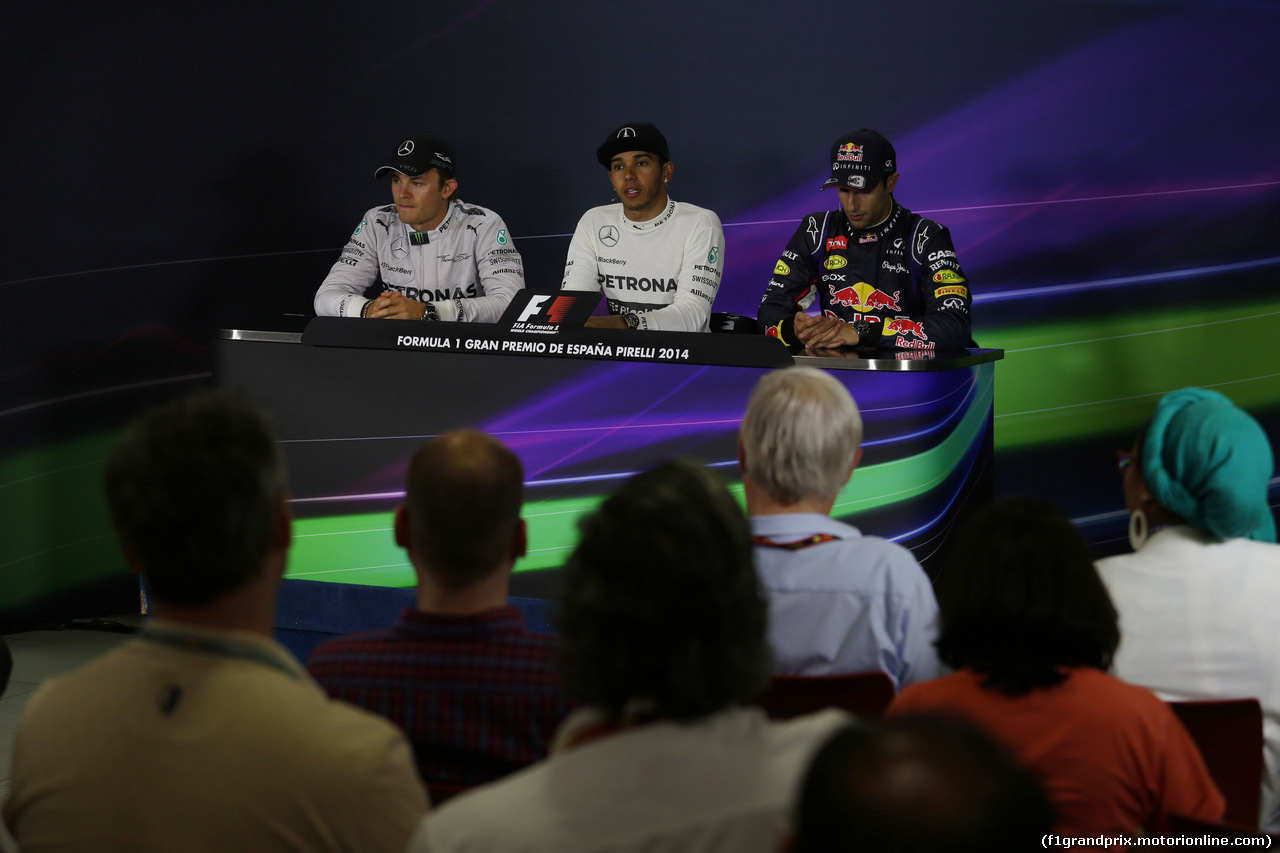 GP SPAGNA, 11.05.2014-  Gara, Conferenza Stampa, Nico Rosberg (GER) Mercedes AMG F1 W05, Lewis Hamilton (GBR) Mercedes AMG F1 W05 e Daniel Ricciardo (AUS) Red Bull Racing RB10