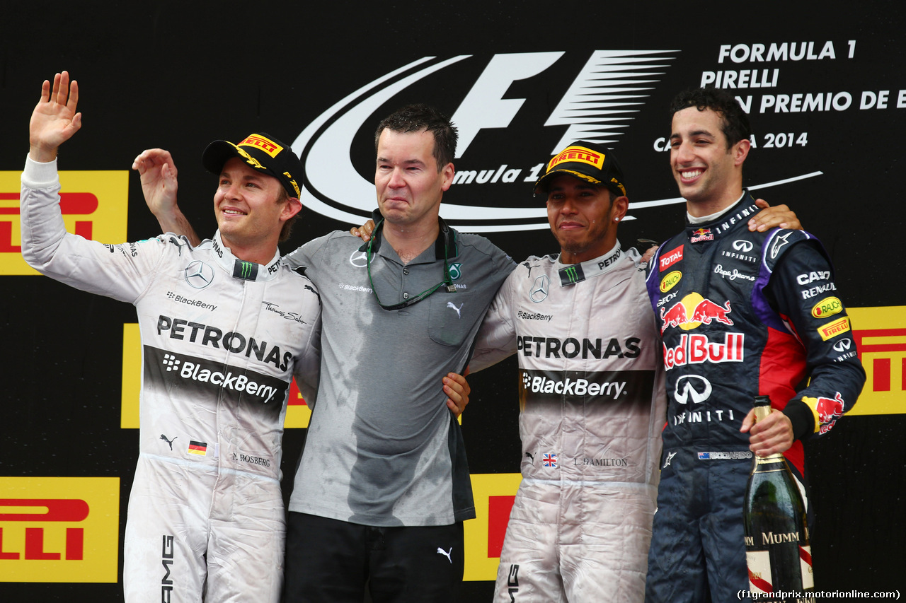 GP SPAGNA, 11.05.2014-  Gara, 1st position Lewis Hamilton (GBR) Mercedes AMG F1 W05, secondo Nico Rosberg (GER) Mercedes AMG F1 W05 e terzo Daniel Ricciardo (AUS) Red Bull Racing RB10