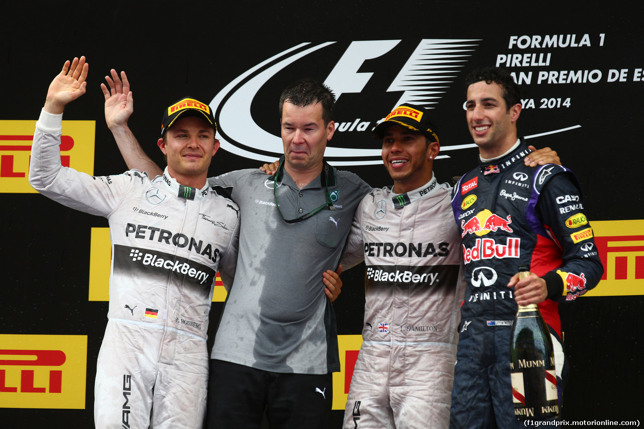 GP SPAGNA, 11.05.2014-  Gara, 1st position Lewis Hamilton (GBR) Mercedes AMG F1 W05, secondo Nico Rosberg (GER) Mercedes AMG F1 W05 e terzo Daniel Ricciardo (AUS) Red Bull Racing RB10