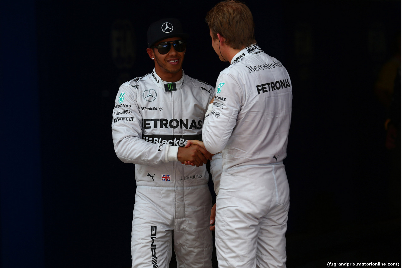 GP SPAGNA, 10.05.2014- Qualifiche, Nico Rosberg (GER) Mercedes AMG F1 W05 e Lewis Hamilton (GBR) Mercedes AMG F1 W05 pole position