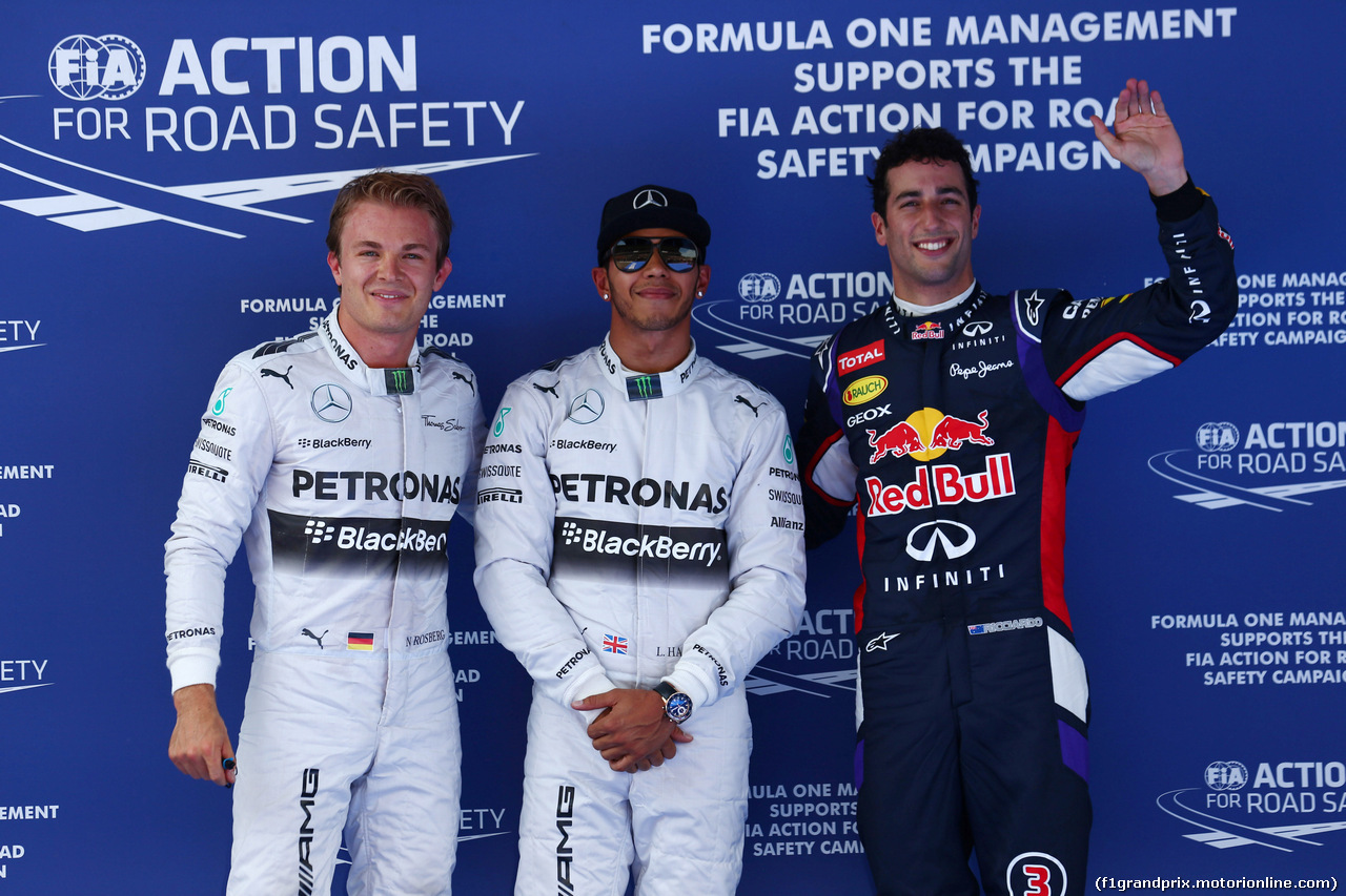GP SPAGNA, 10.05.2014- Qualifiche, secondo Nico Rosberg (GER) Mercedes AMG F1 W05, Lewis Hamilton (GBR) Mercedes AMG F1 W05 pole position e terzo Daniel Ricciardo (AUS) Red Bull Racing RB10