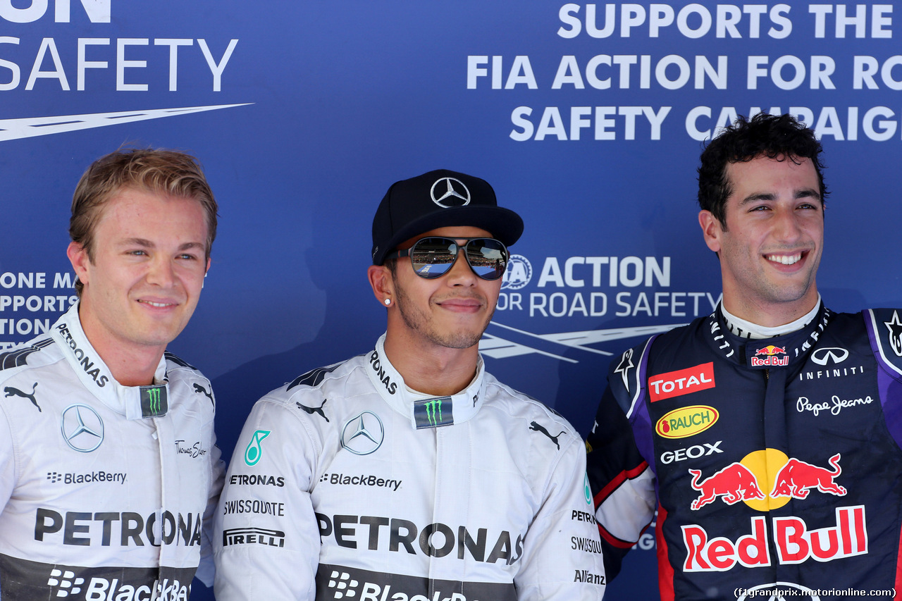 GP SPAGNA, 10.05.2014- Qualifiche, secondo Nico Rosberg (GER) Mercedes AMG F1 W05, Lewis Hamilton (GBR) Mercedes AMG F1 W05 pole position e terzo Daniel Ricciardo (AUS) Red Bull Racing RB10