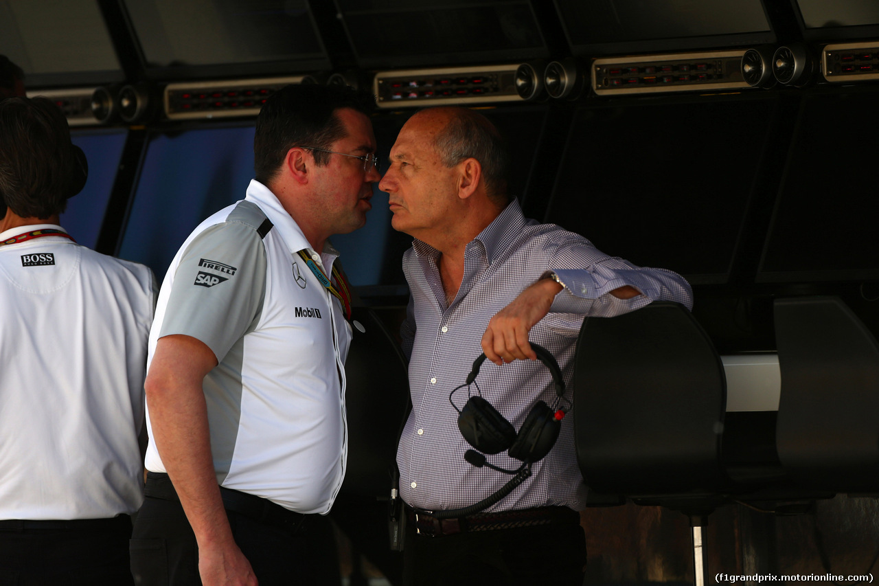 GP SPAGNA, 09.05.2014- Prove Libere 1, Eric Boullier (FRA) McLaren Racing Director. e Ron Dennis (GBR) McLaren Executive Chairman